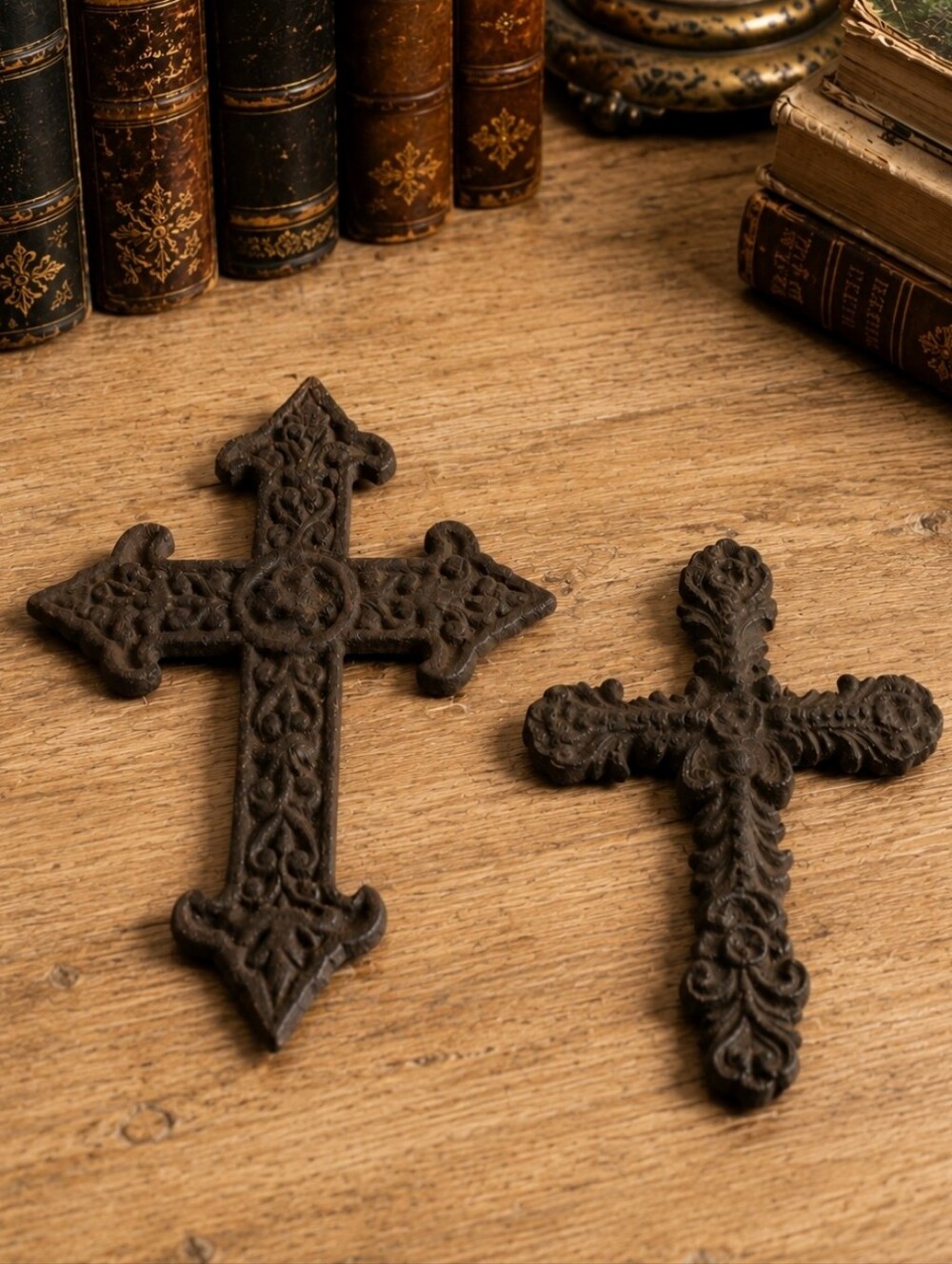 Set Of 2 Rusted Weathered Distressed Brown Cast Iron Crosses HEAVY Cross Wall